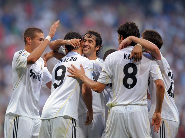 Real Madrid's players celebrate against Deportivo La Coruna.