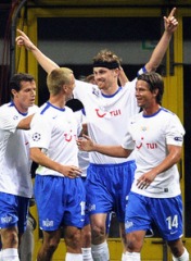 FC Zurich's players celebrating after scoring against Marseille in the UEFA Champions League