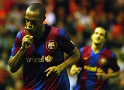 Thierry Henry of FC Barcelona celebreates after scoring a goal at the Camp Nou in La Liga
