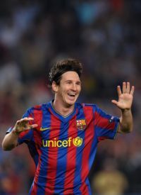 Ballon d'Or winner Lionel Messi celebrating for FC Barcelona after scoring a goal against Ukrainian giants Dynamo Kiev in the UEFA Champions League at the Camp Nou.