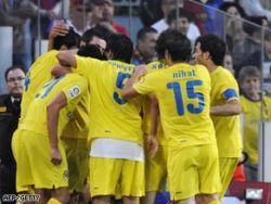 Spanish side Villarreal celebrating after scoring a late equalizer at the Camp Nou in May 2009 to earn a 3-3 draw against FC Barcelona in La Liga.
