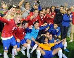 Serbia's national team players celebrate their qualification
into the finals of the 2010 FIFA World Cup in South Africa.