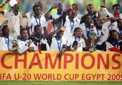 Ghana's U-20 players celebrate the FIFA U-20 World Cup trophy as they emerge champions of the tournament in Egypt