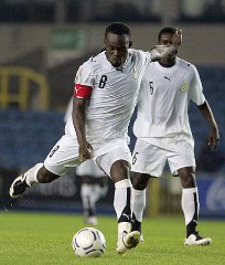 Ghana's Michael Essien strikes the ball. The midfielder captains the Black Stars on the day