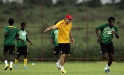 Ghana's national team players training with coach Milovan Rajevac.