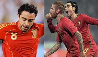 Xavi, Meireles, Tiago, Portugal vs Spain