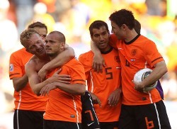 Netherlands players celebrating together.