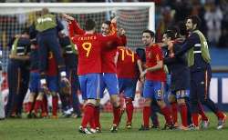 Spain players rejoice as they reach the final of the 2010 FIFA World Cup.