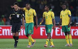 South Africa players gesturing with disappointment during a 2010 FIFA World Cup match.