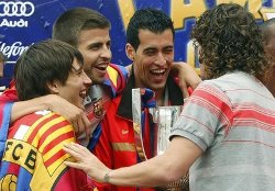 Barcelona players celebrating together.