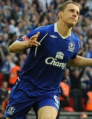 Everton's Phil Jagielka celebrating his penalty goal against Manchester United.