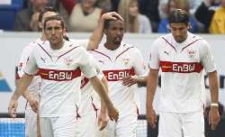 VfB Stuttgart players congratulate goal scorer Cacau