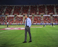 Coach Jose Mourinho walking on the pitch after Real Madrid's 0-0 goalless draw with Mallorca in La Liga