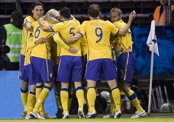 Euro 2012 Qualifying: Sweden players celebrate against Hungary