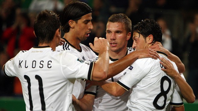 German squad celebrate after trouncing Azerbaijan