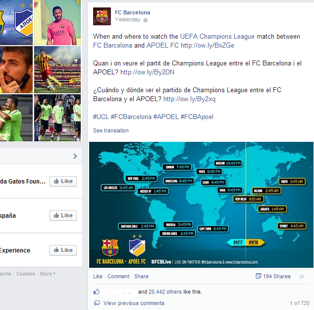 FC Barcelona promoting where to watch the Champions League game vs APOEL