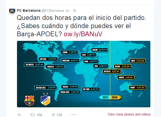 FC Barcelona tweeting where to watch the APOEL match, without crediting LiveSoccerTV on Twitter.