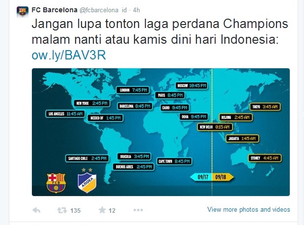 FC Barcelona tweeting where to watch the APOEL match, without crediting LiveSoccerTV on Twitter.