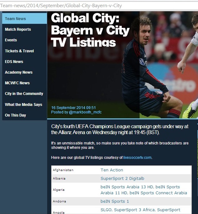 Manchester City presenting broadcast listings for the Bayern Munich game, via LiveSoccerTV's embeddable feed.