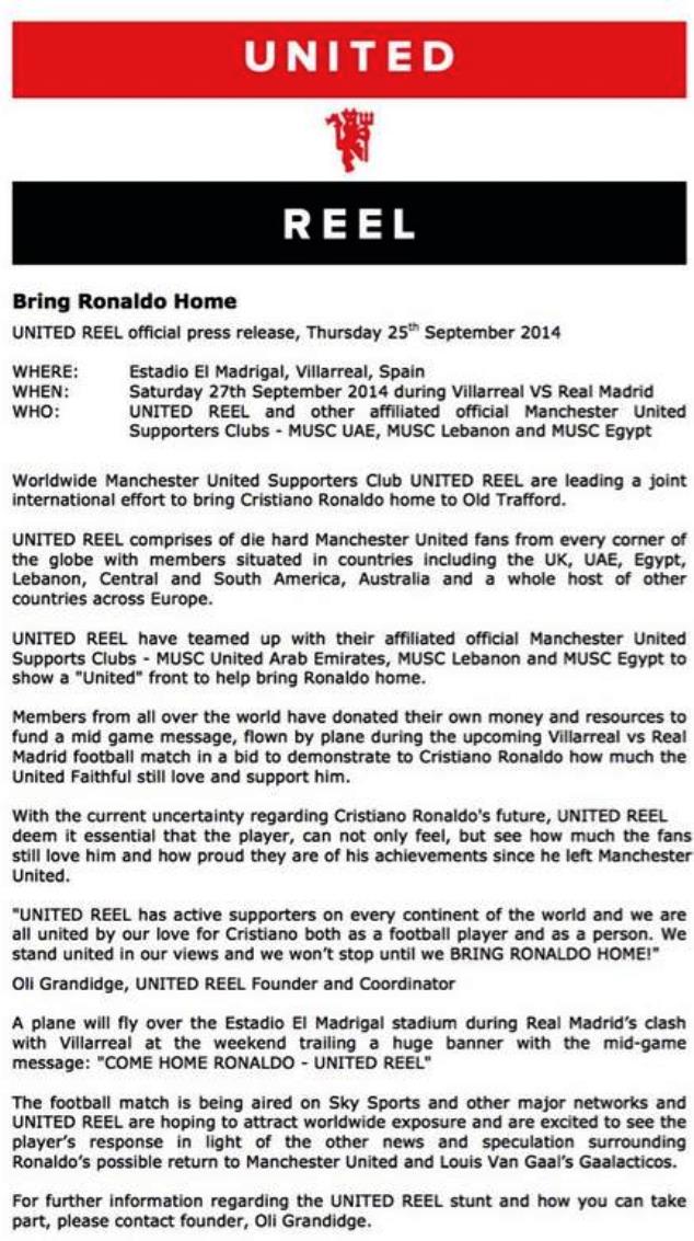 United Reel's press release in full to Bring Ronaldo Home.