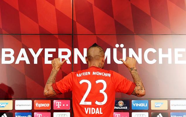 Vidal pictured in his first ever presser as a Bayern Munich player