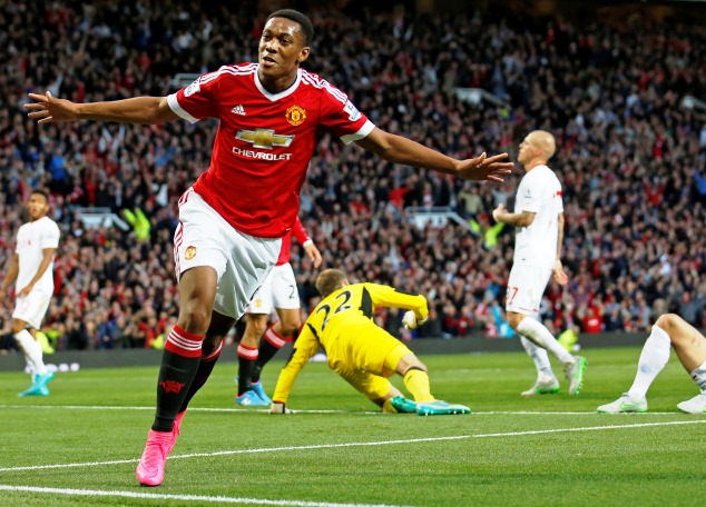 Anthony Martial celebrates his debut goal vs Liverpool 