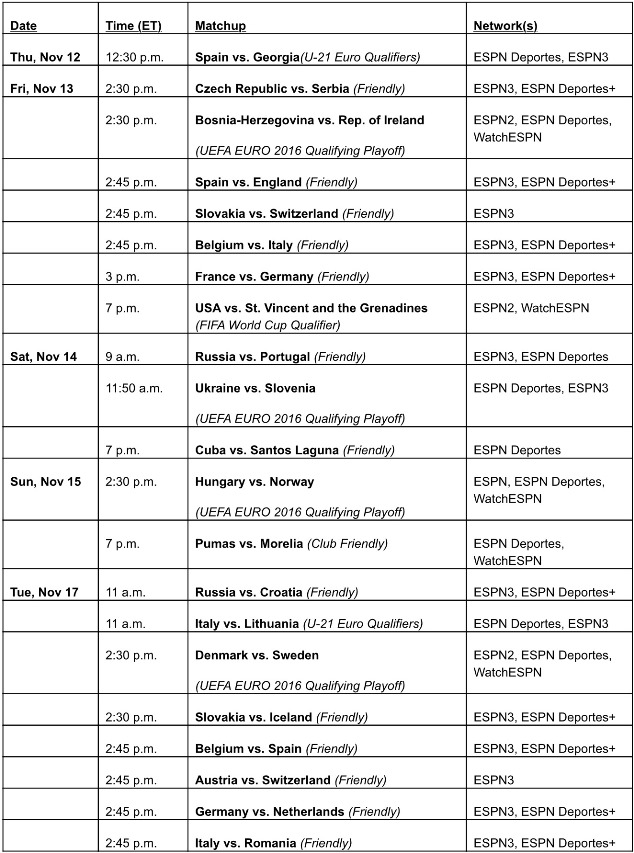 ESPN Networks' live schedule for Nov 12-17, 2015:
