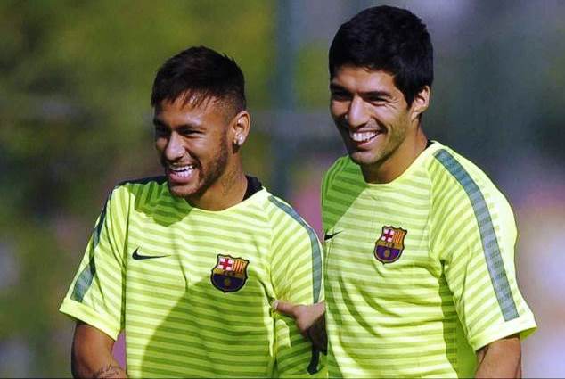 Neymar and Suarez in training for Barcelona
