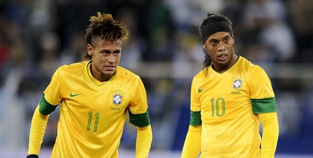 Neymar and Ronaldinho in action for Brazil