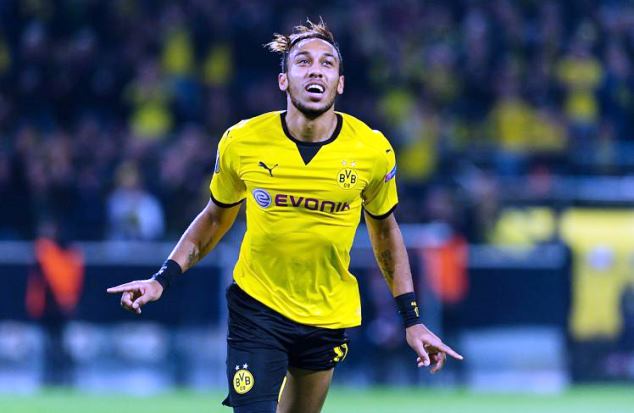 Aubamenyang celebrates one of his goals for Dortmund