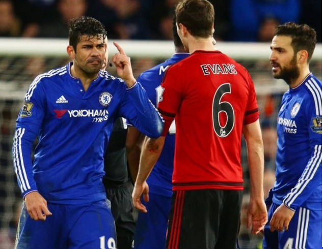 Chelsea's Diego Costa confronts West Brom's Johnny Evans 