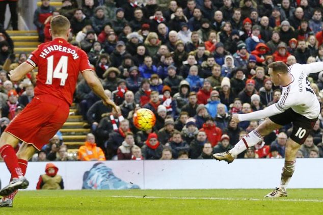 Rooney scores for Man United against Liverpool at Anfield 