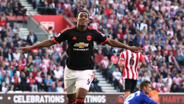 Anthony Martial celebrates his goal against Southampton at St. Mary's Stadium last year 