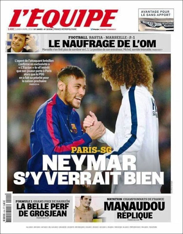 PSG want to sign Neymar for £115m, as claimed by L'Equipe