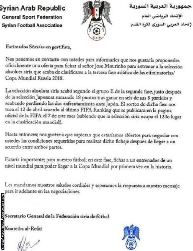 The letter from the Syrian Football Association seeking Mourinho's services
