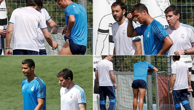 Cristiano Ronaldo limps off the training pitch after picking up a fresh thigh injury ahead of UCL final
