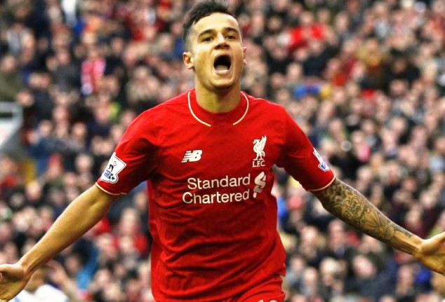 23-year-old Coutinho celebrates one of his previous goals for the Merseyside club