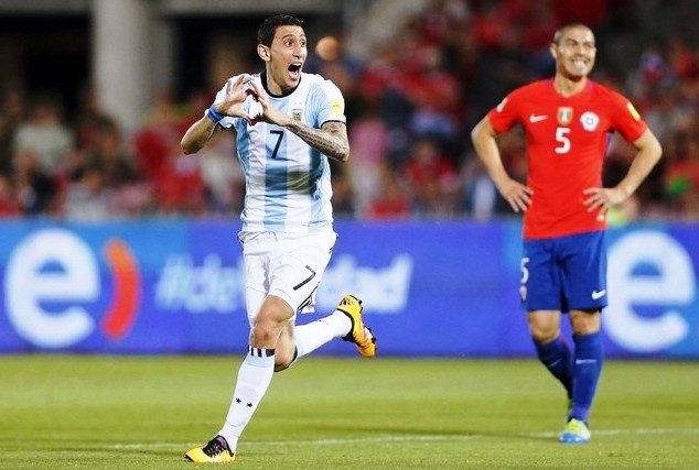 Angel Di Maria celebrates scoring for Argentina against Chile in their Copa America Centenario opener