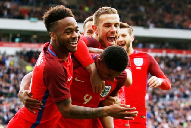 England players celebrate the goal from Marcus Rashford against Australia in a previous international friendly