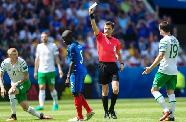 N'Golo Kante of France is shown a yellow card in his side's 2-1 win over the Republic of Ireland on Sunday
