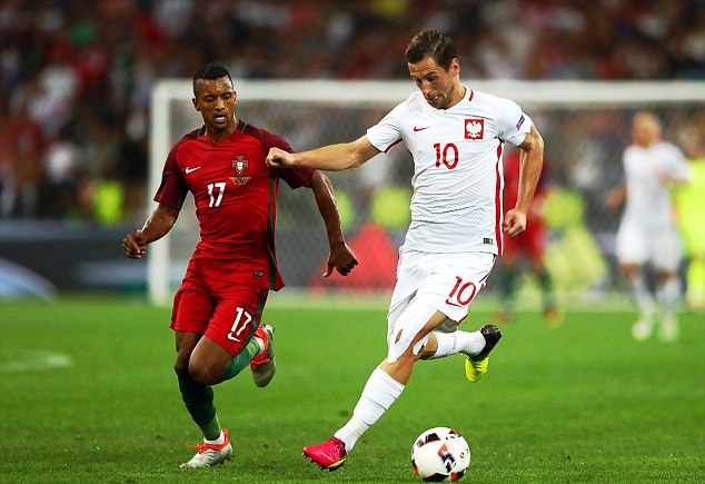 Grzegorz Krychowiak (right) in action against Portugal's Luis Nani