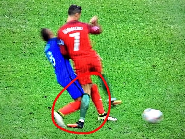 Payet collides with Ronaldo in the Euro 2016 finals in France on Sunday