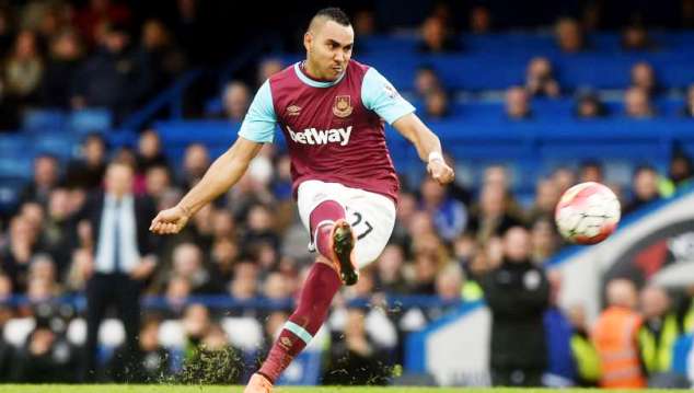 Dimitri Payet takes a free-kick for West Ham United in the 2015/16 season. He joined the club from Marseille in 2015.