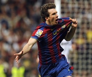 Barcelona's Lionel Messi celebrating in El Clasico after scoring against Real Madrid at the Bernabeu Stadium in April 2010