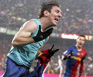 Lionel Messi celebrating after scoring Barcelona's second goal against goal against Real Madrid at the Camp Nou in 2008