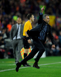 Real Madrid's Jose Mourinho celebrating against FC Barcelona at the Camp Nou after defeating the Blaugrana for Inter Milan in the 2009/10 Champions League.
