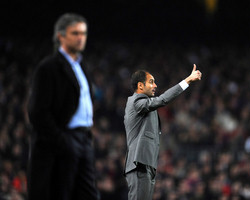 Coach Pep Guardiola and Coach Jose Mourinho at the Camp Nou in the UEFA Champions League.