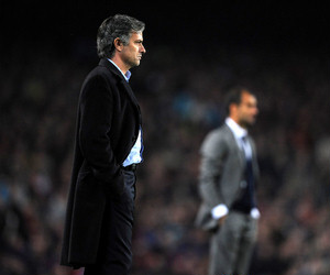 Coach Pep Guardiola and Coach Jose Mourinho during the second leg match between FC Barcelona and Inter Milan in the Champions League at the Camp Nou. Both managers face each other again in El Clasico as Barcelona host Real Madrid