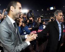 Barcelona coach Pep Guardiola and now-Real Madrid coach Jose Mourinho shaking hands before the Barcelona-Inter Milan game in the Champions League of the 2009/10 season