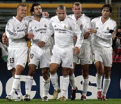 Real Madrid's Galacticos composed of star players such as Zinedine Zidane, Luis Figo, Raul, David Beckham, Ronaldo, Roberto Carlos, and more.